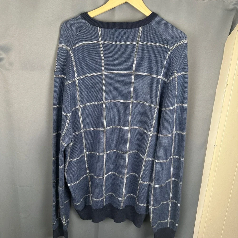 Brooks Brothers 346 Mens XL Blue Windowpane Cotton Cashmere V-Neck Sweater